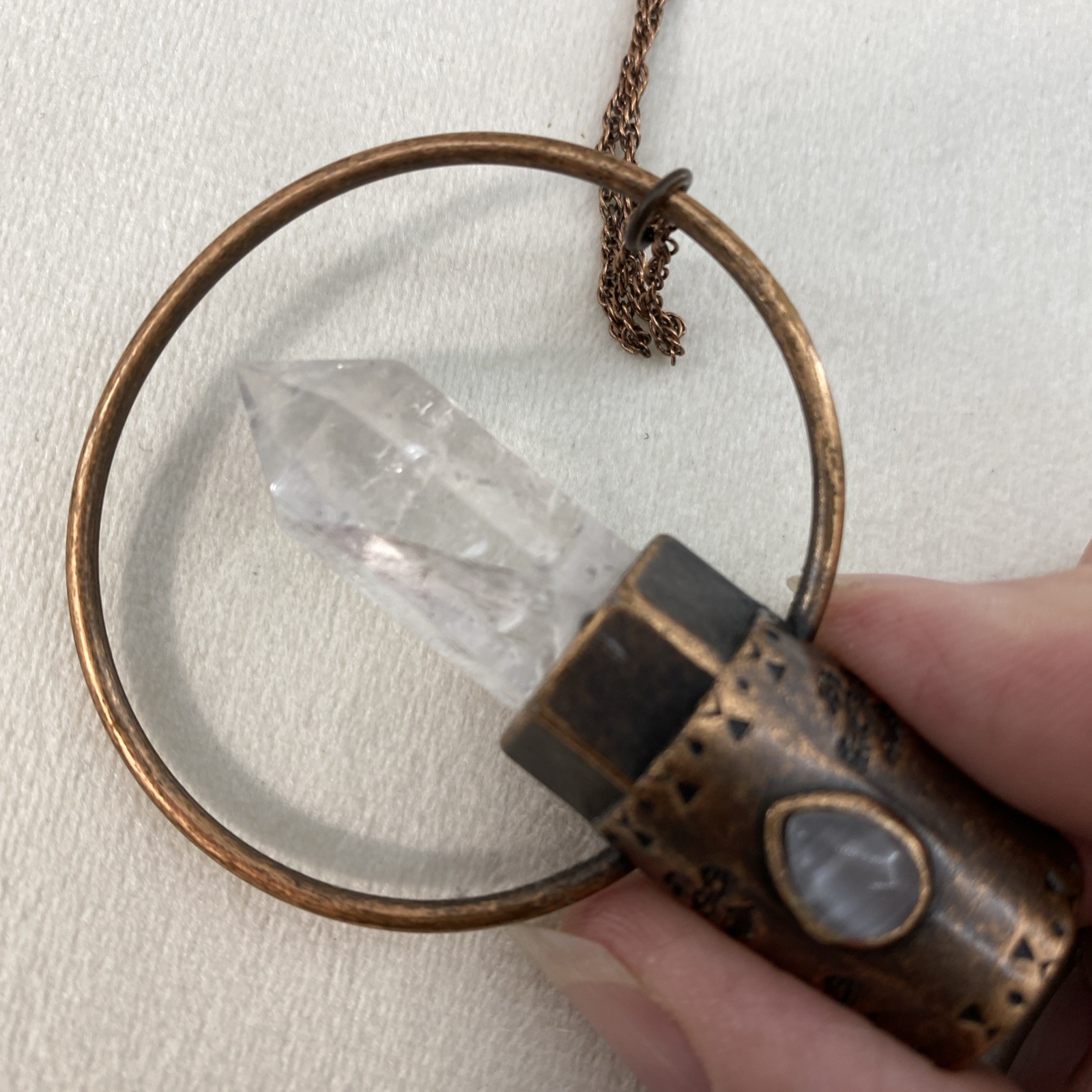 Quartz Crystal Copper Aztec Eagle Necklace 10-13” Essential Oil Rollerball Vial