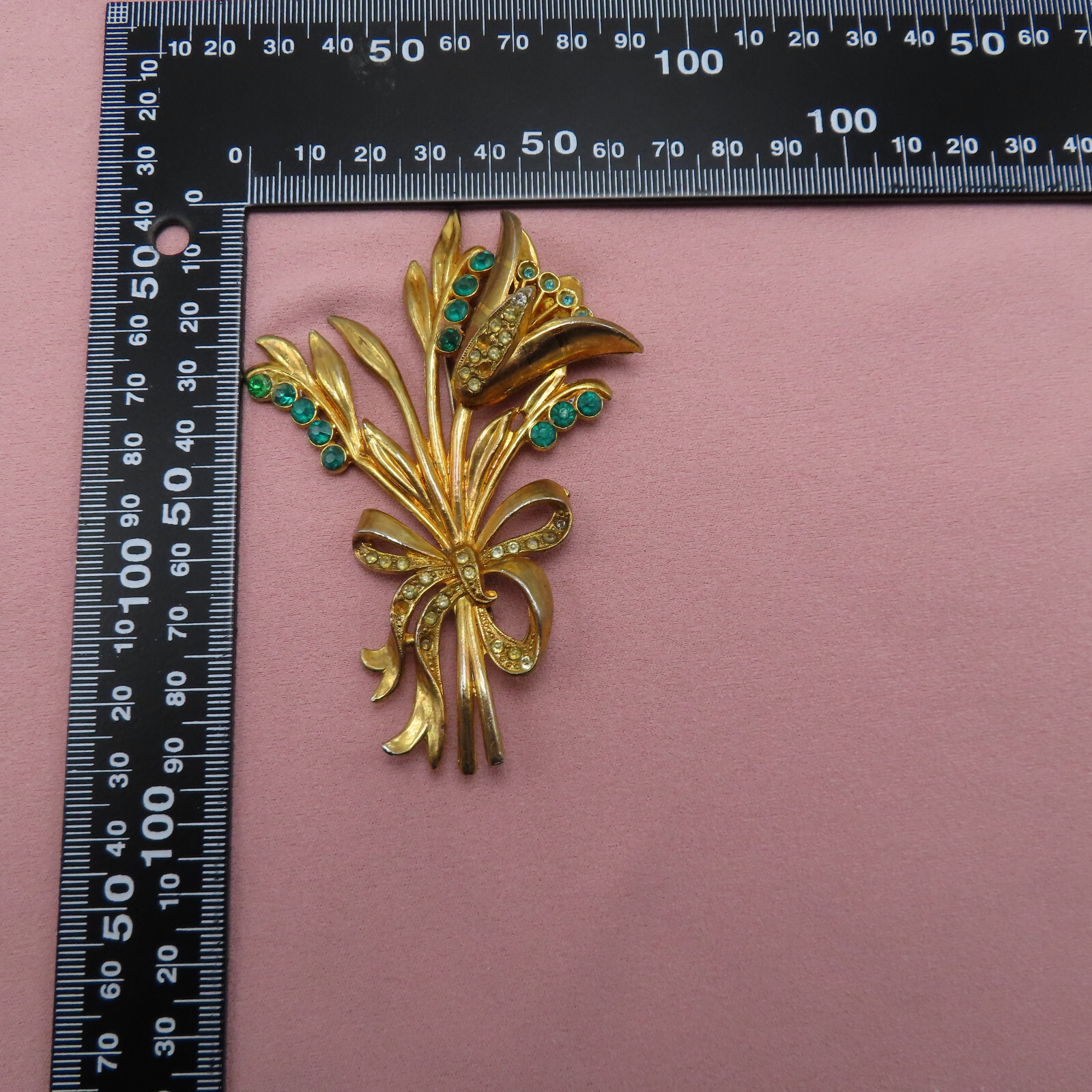 Antique Rhinestone Brooch Flower Clear Green Crystal 3.75 in OOAK Vintage 253f
