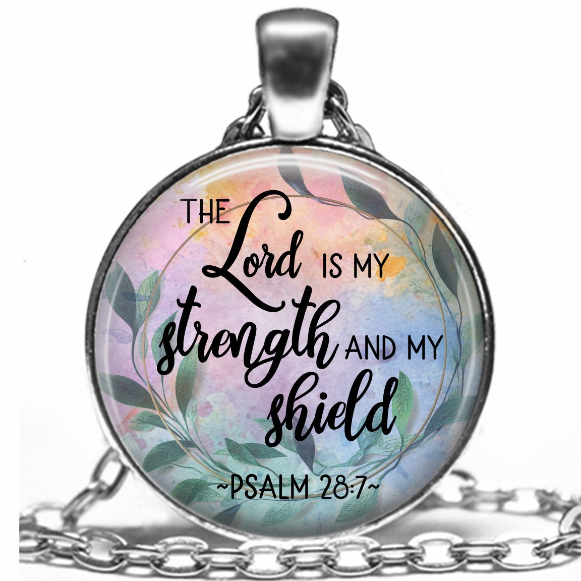 Psalm 28:7 Religious Glass Necklace The Lord is my Strength & Shield Scripture