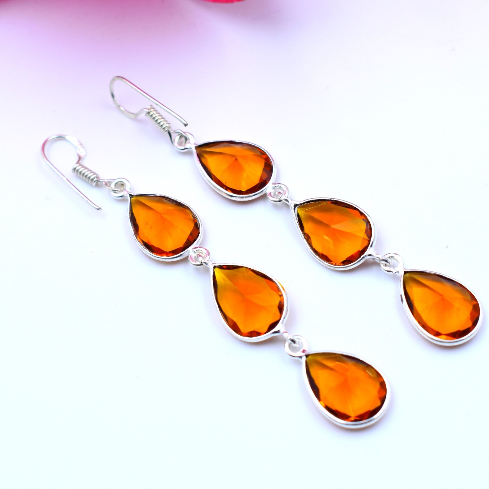 Hessonite Gemstone Handmade 925 Sterling Silver Jewelry Earring Size-2.75″