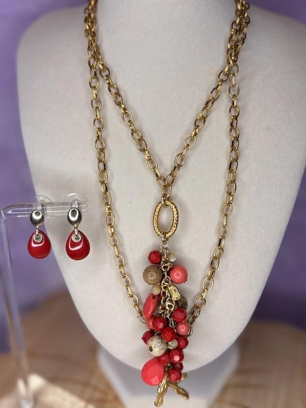Vintage Boho Red Pink Cluster Tassel Pendant Necklace Matching Drop Earrings Set