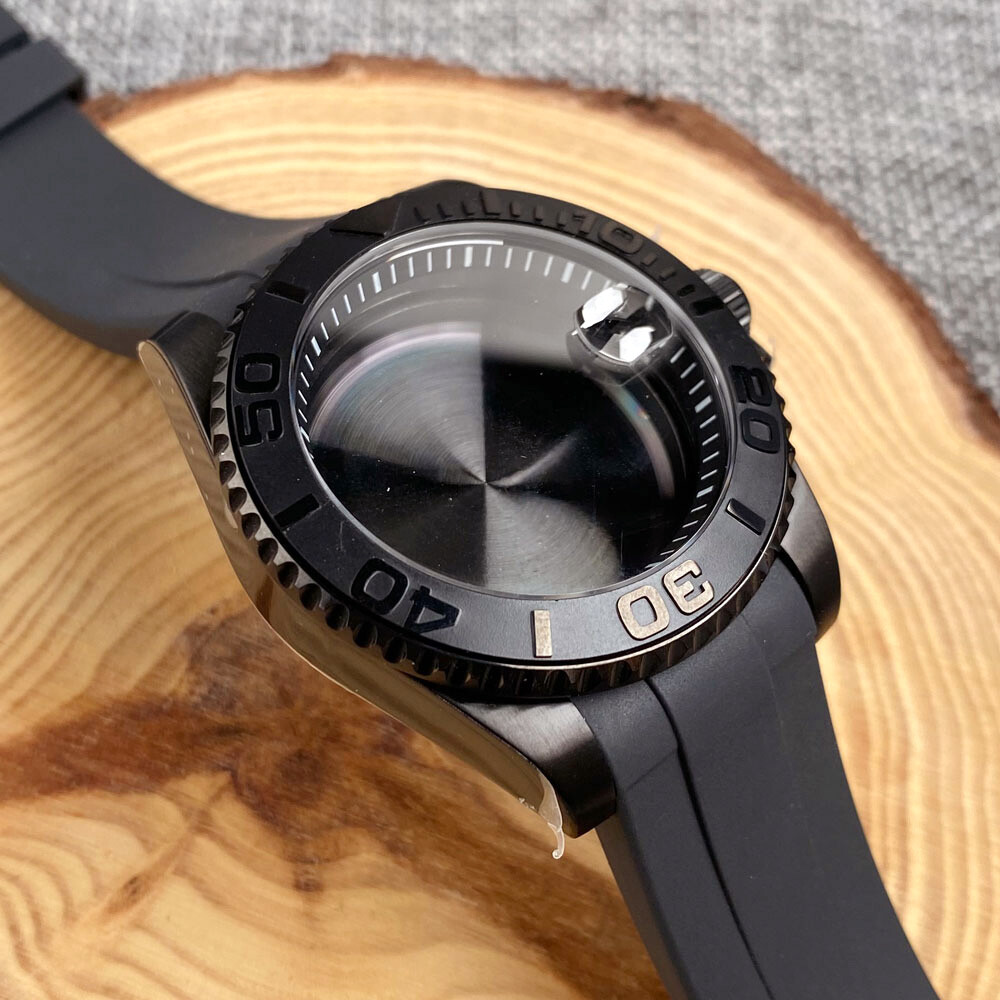 40mm Black PVD Sapphire Glass Watch Case Fit NH35A NH36A ETA2824 PT5000 Rubber