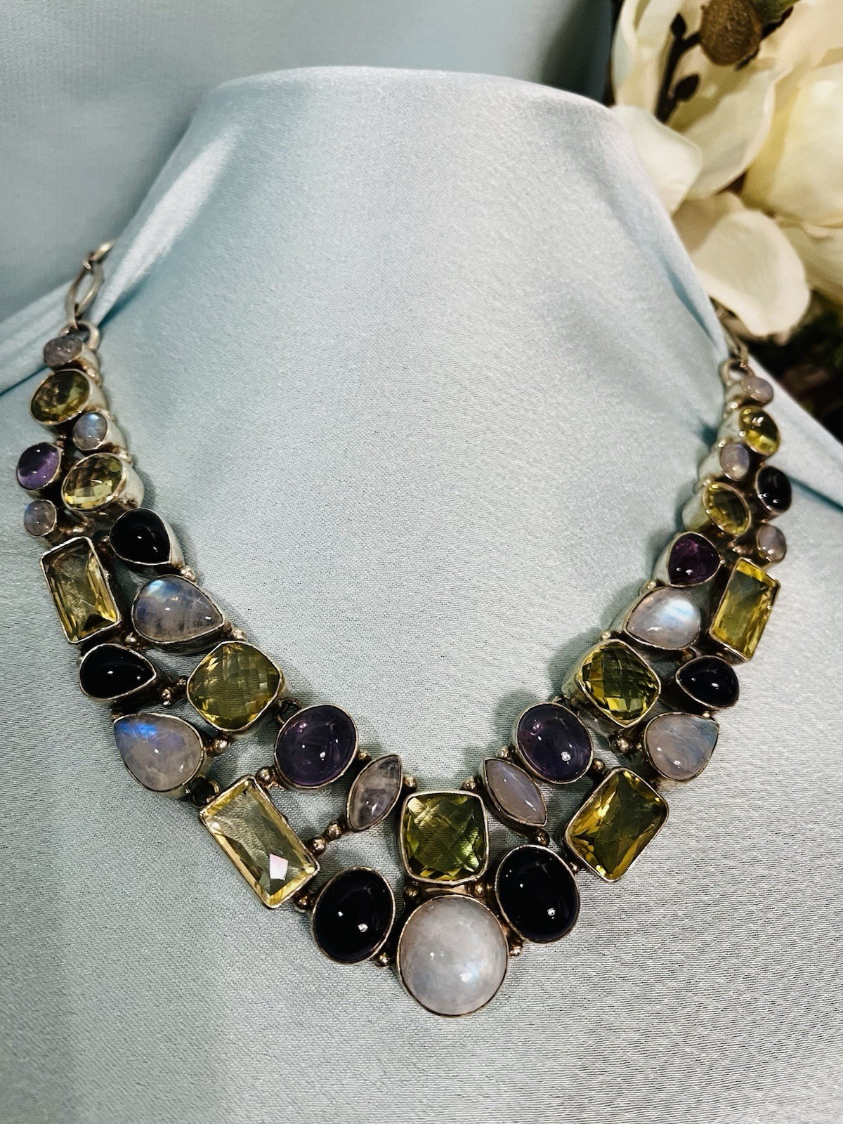 Sterling Silver Multi-gem Moonstone Tourmaline Amethyst Necklace Healing 96 Gram