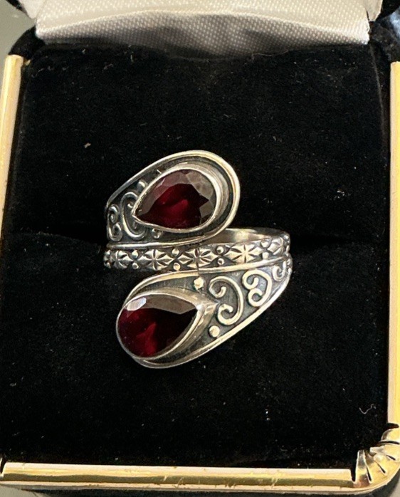 925 Sterling Silver Red Garnet Stone Cocktail Bypass Ring From India Sz5 5.2 G
