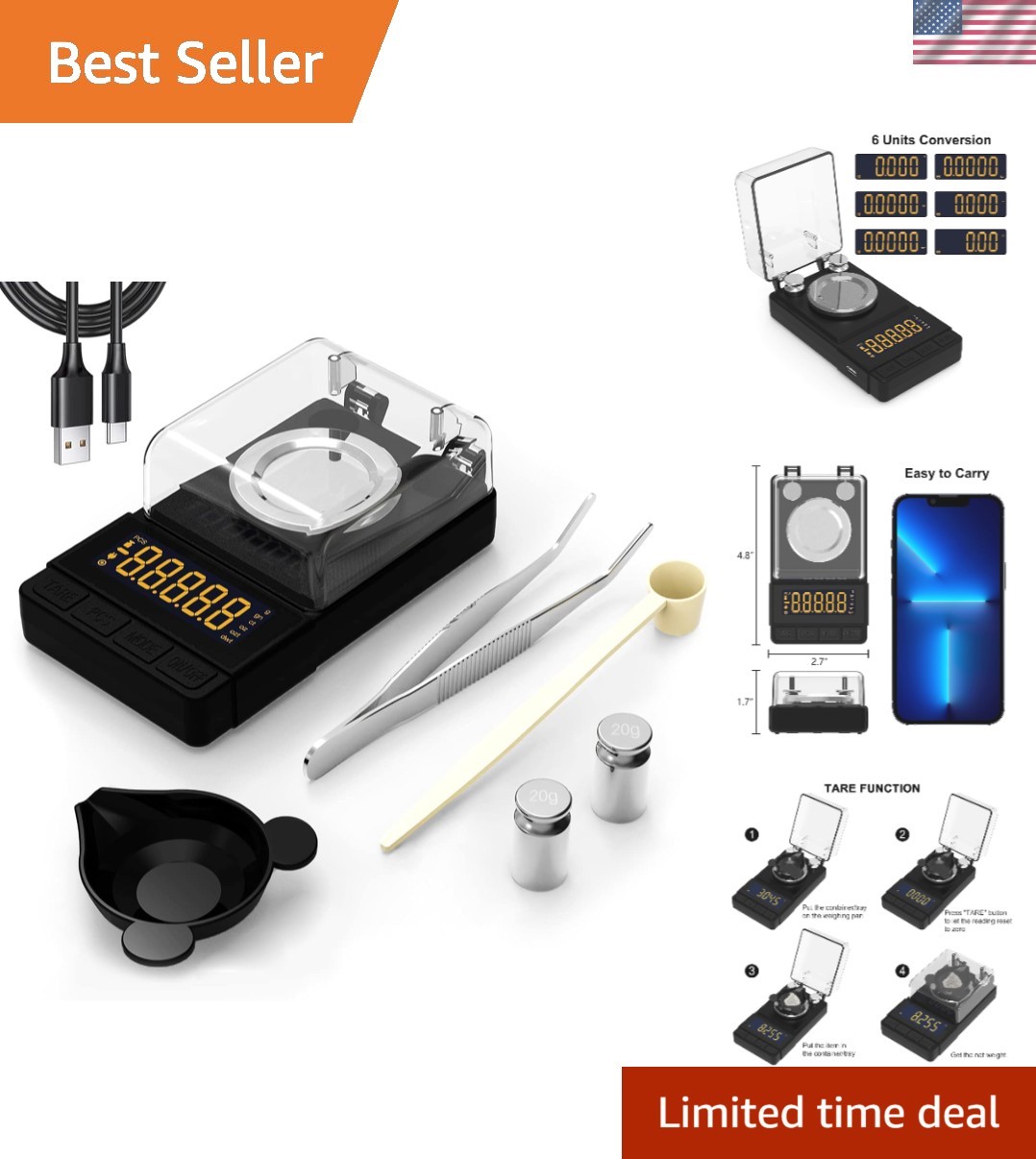 Compact 50g Milligram Scale with Tare Function & Calibration Weight – Black