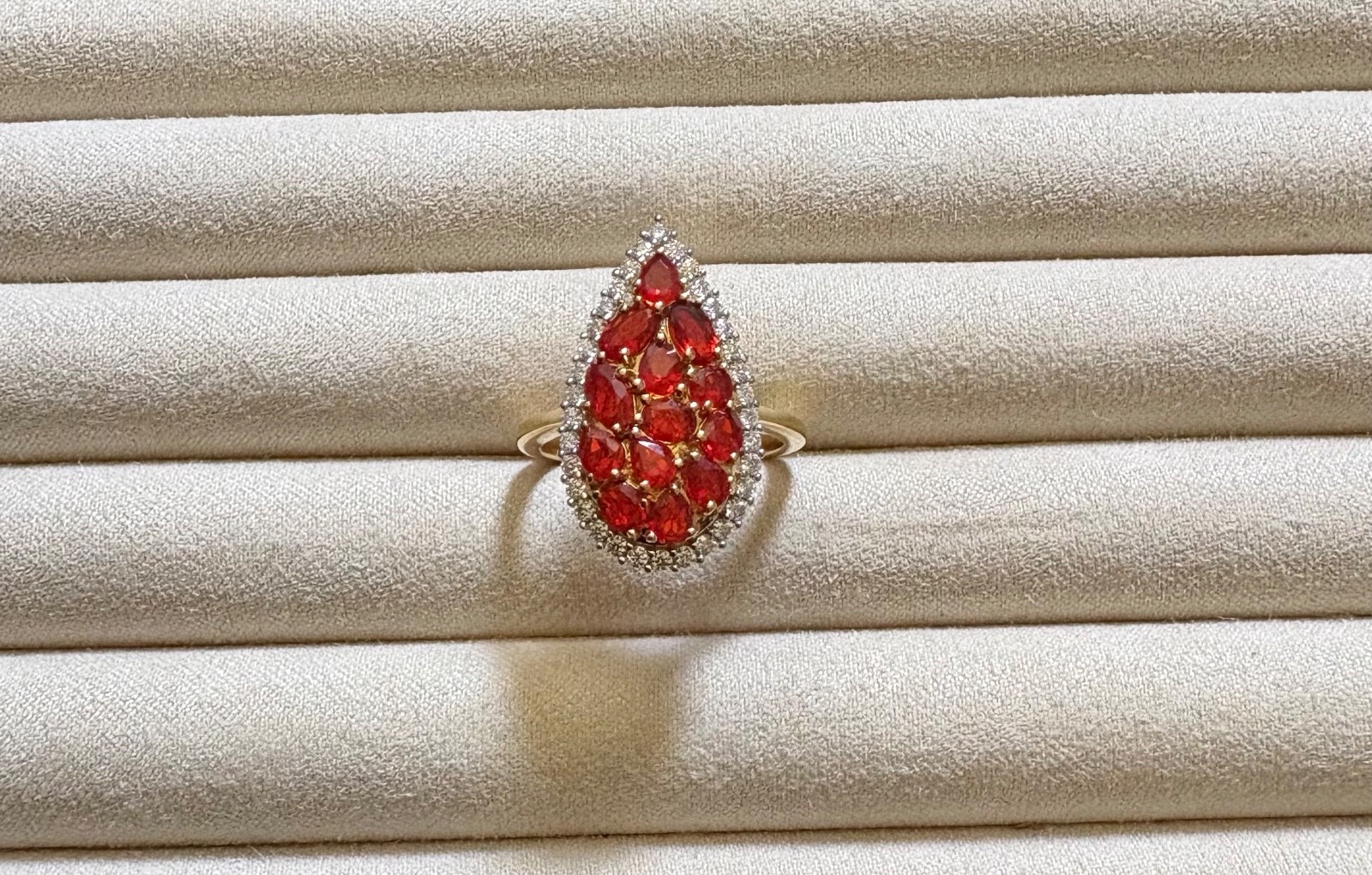 Mexican Cherry Fire Opal, Moissanite Cluster Ring – Size 9 (2.0 ctw.)