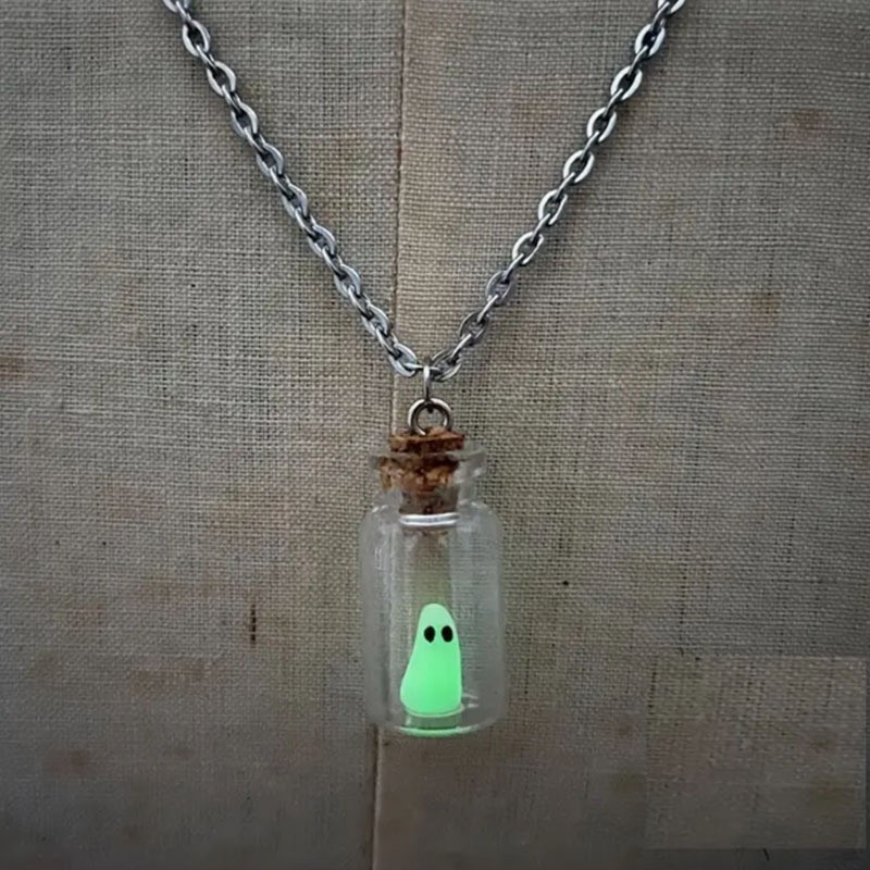 Glow in the Dark Ghost in a Bottle Necklace Luminous Halloween Spooky Jewelry