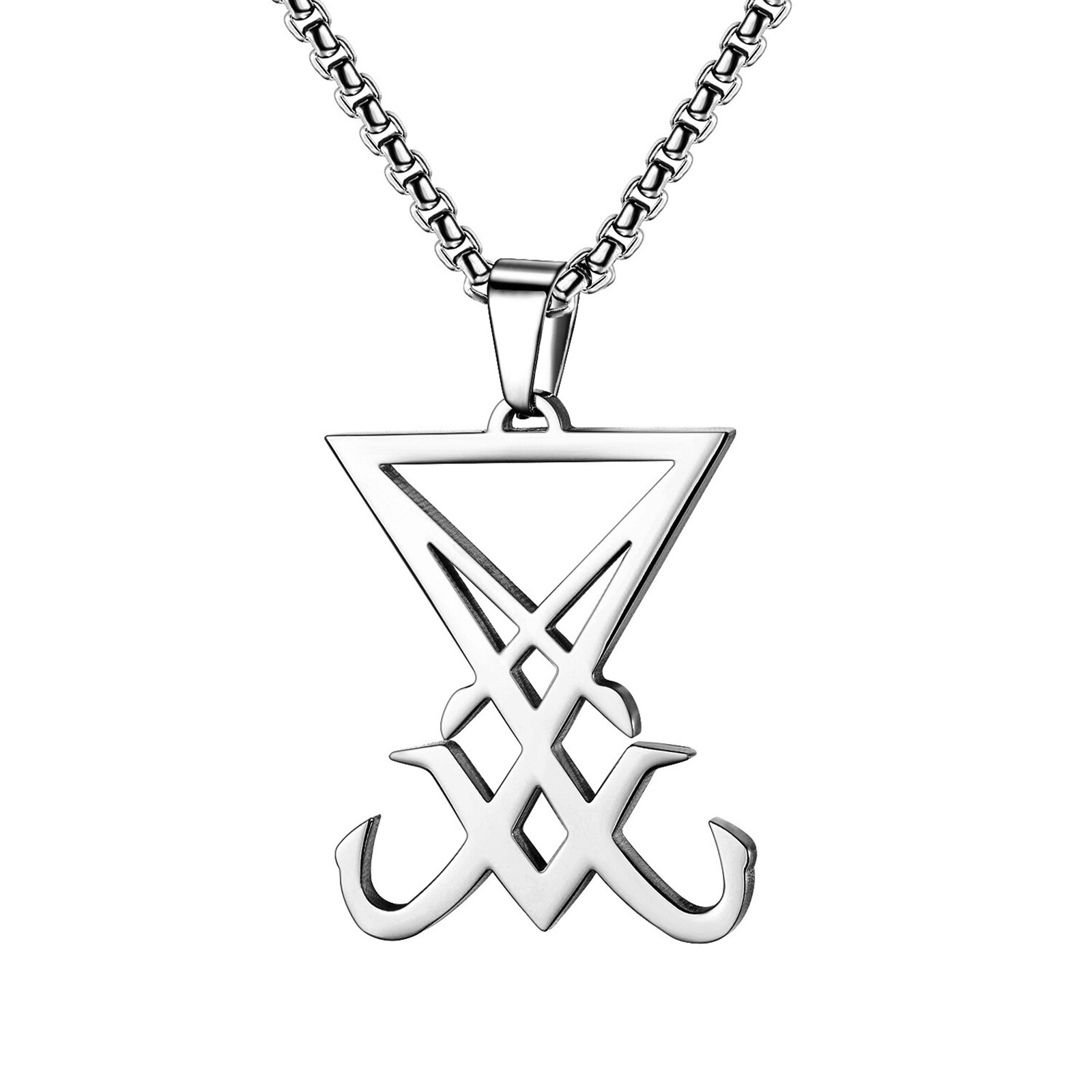 Sigil of Lucifer Pendant Necklace Mens Satanic Amulet Stainless Steel Chain 24″