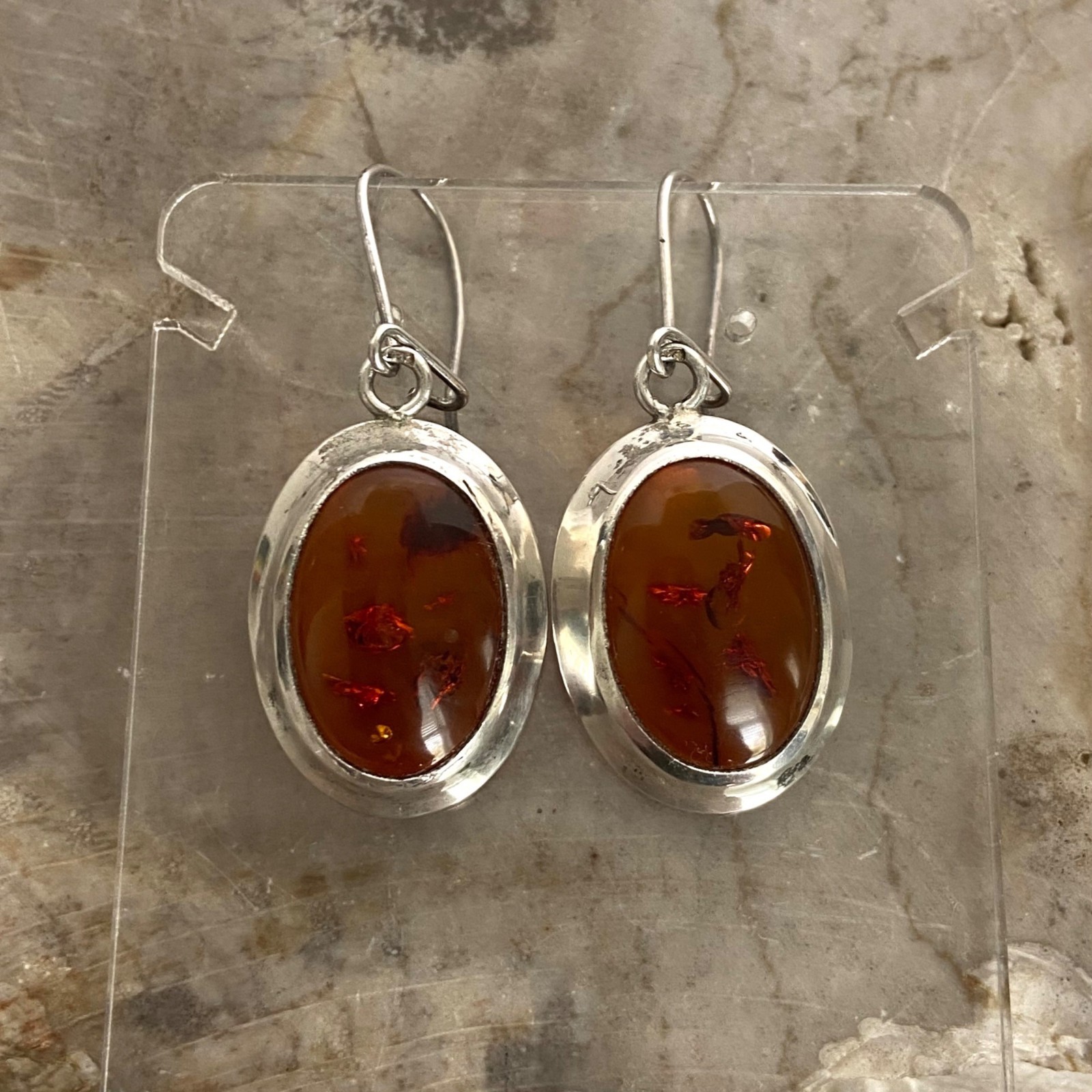 VTG Sterling Silver 925 Oval Baltic Amber Dangle Drop Kidney Wire Earrings