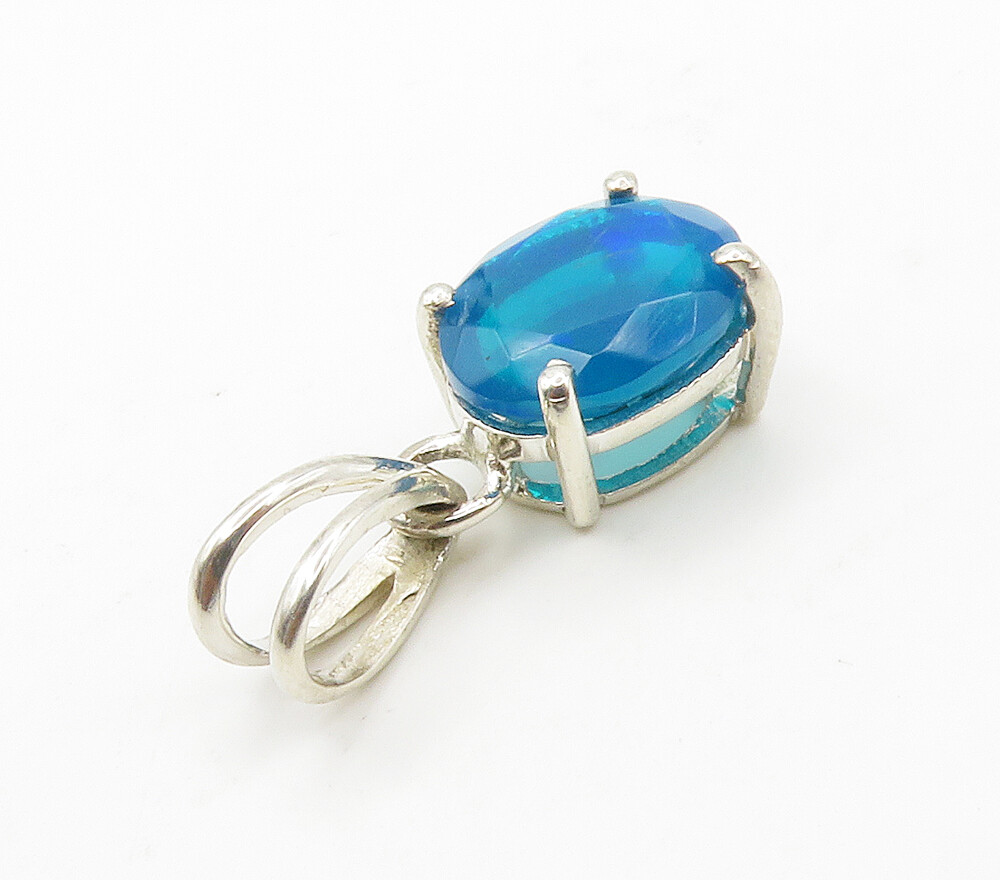 925 Sterling Silver Shiny Prong Set Blue Topaz Oval Drop Pendant PT11840