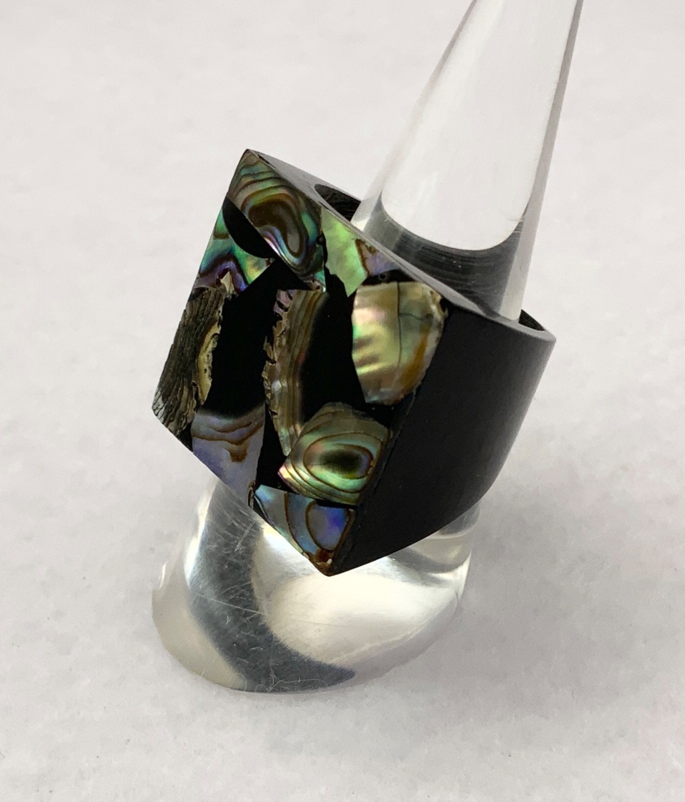 Vintage Ring Paua Abalone Black Square Plastic Resin Mexico Size O