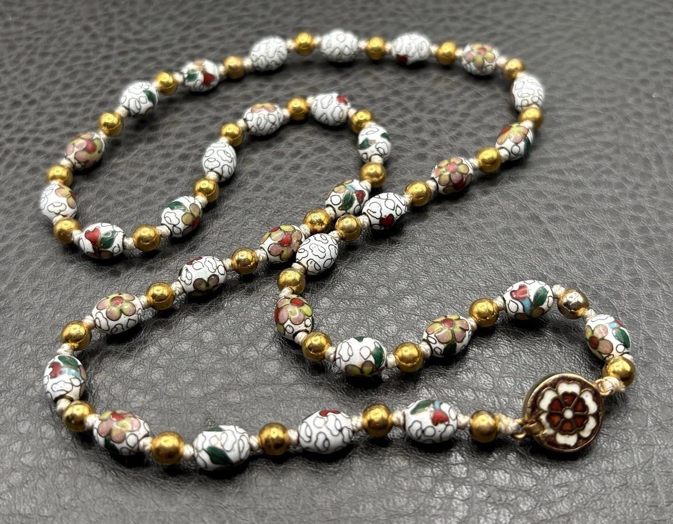 Vintage Cloisonné Floral Beaded Necklace Hand Knotted Gold Tone 22” Long