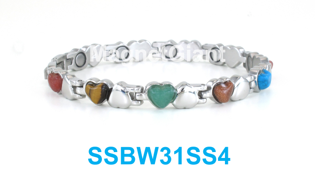 Silver & Multi color stones Women magnetic stainless steel link Heart bracelet