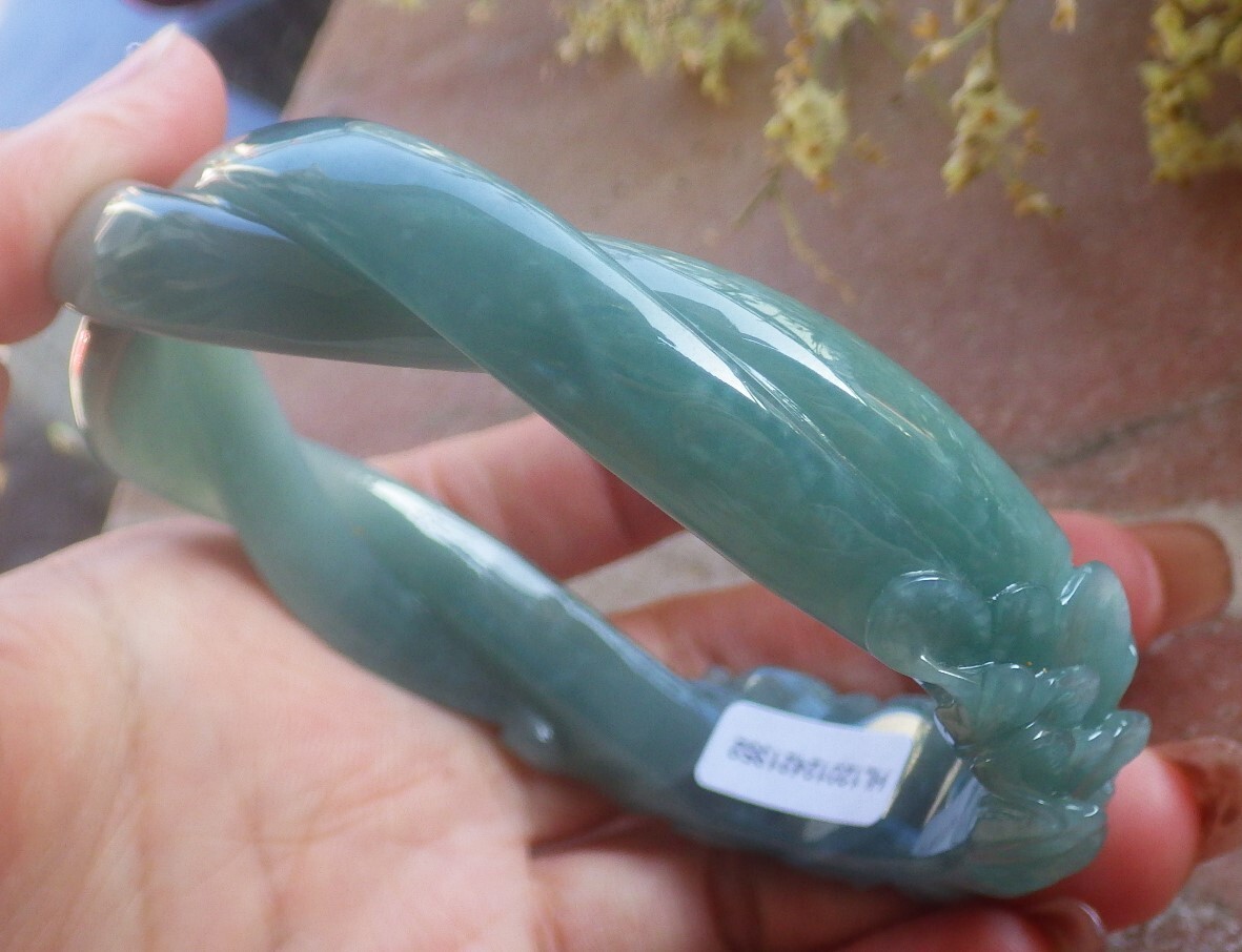 Video Certified Large Green A JADE Jadeite Flower Bangle Bracelet 69mm 200433 AS