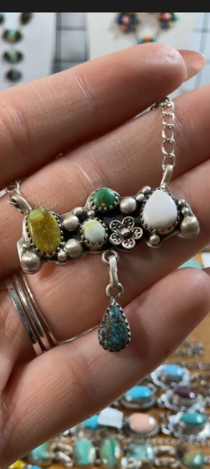 STERLING SILVER TURQUOISE 5 STONE TEARDROP DANGLE BAR CLUSTER NECKLACE 925