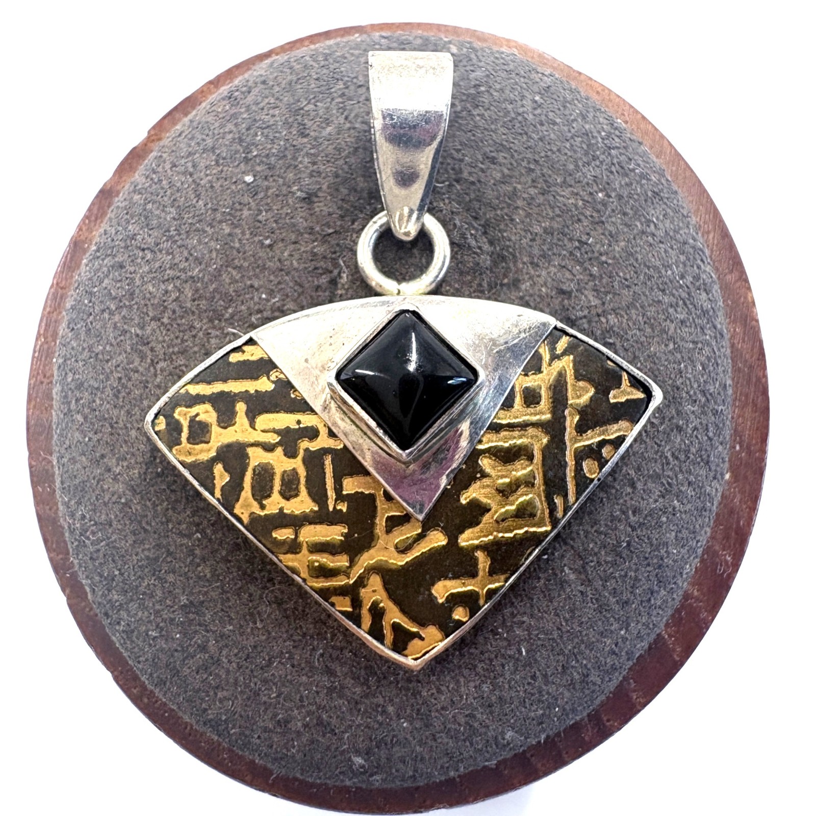 Black Onyx Black and Gold Painted Enamel Inlay Pendant 925 Sterling Silver 1.25″