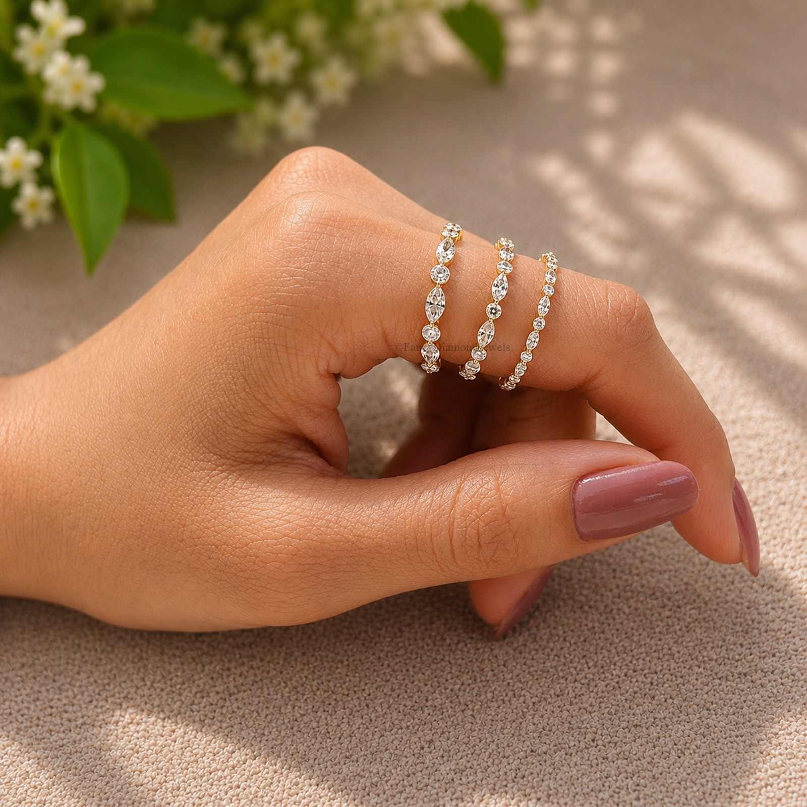 Alternating Marquise and Round Diamond Cut Dainty Stackable Eternity Ring FD586