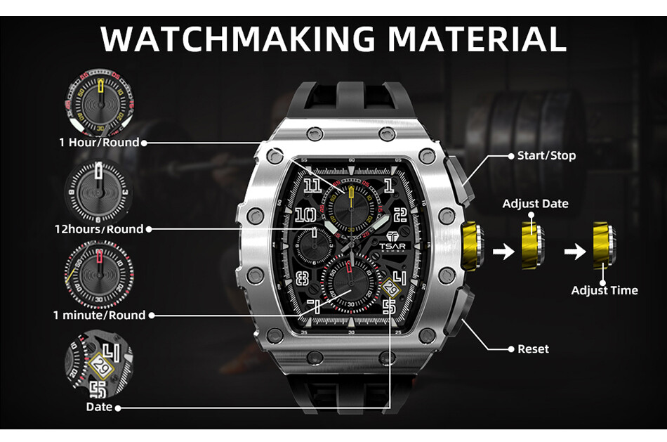 TSAR BOMBA Luxury Men’s Quartz Watch Tonneau Design 5ATM Chronograph Silicone
