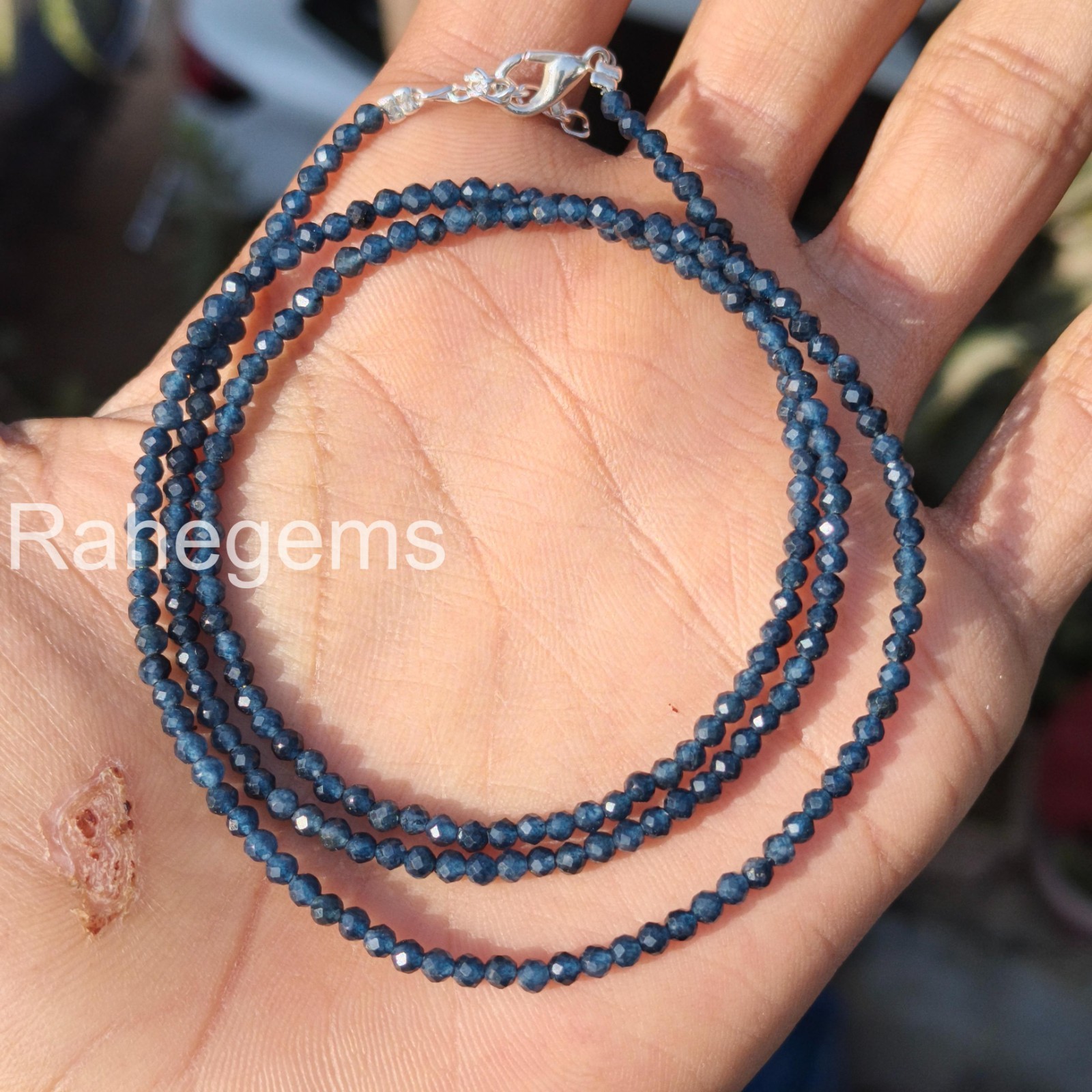 Blue Sapphire Necklace 2mm Micro Faceted Beads, Dainty Real Gemstone Choker, Min