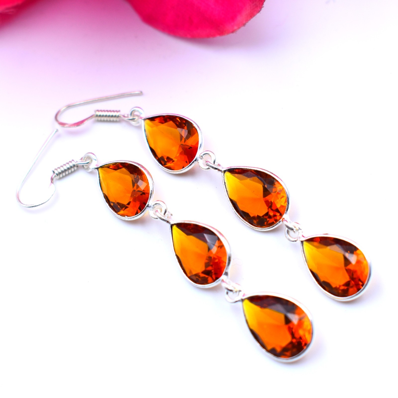 Hessonite Gemstone Handmade 925 Sterling Silver Jewelry Earring Size-2.75″