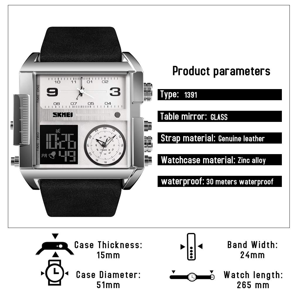 SKMEI Men’s Digital Sports Watch, LED Square 2.17*2*0.59 inch, Silver Black