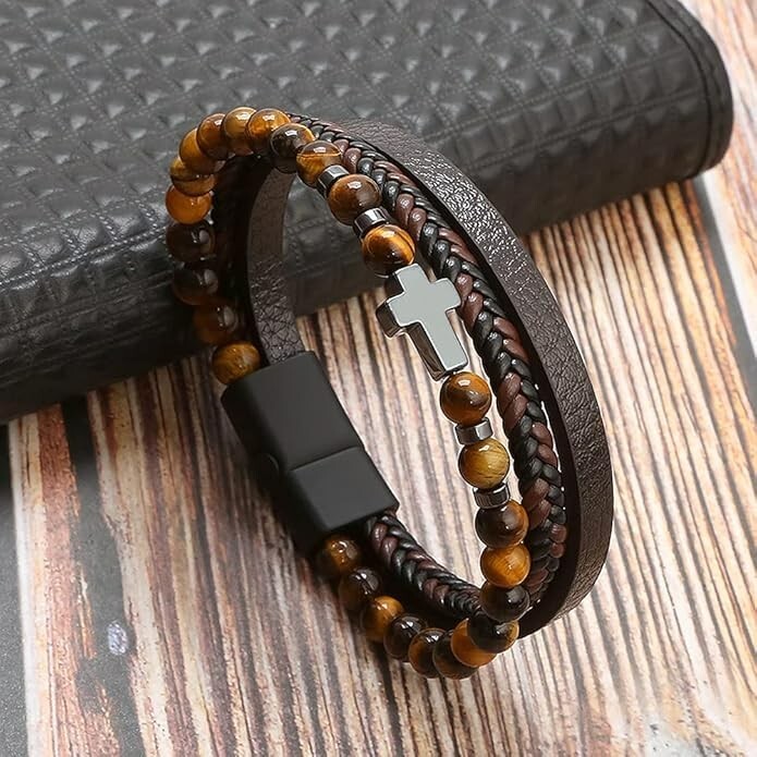 Men’s Cross Leather Braided Bracelet Tiger Eye Obsidian Handmade Reiki Bracelet
