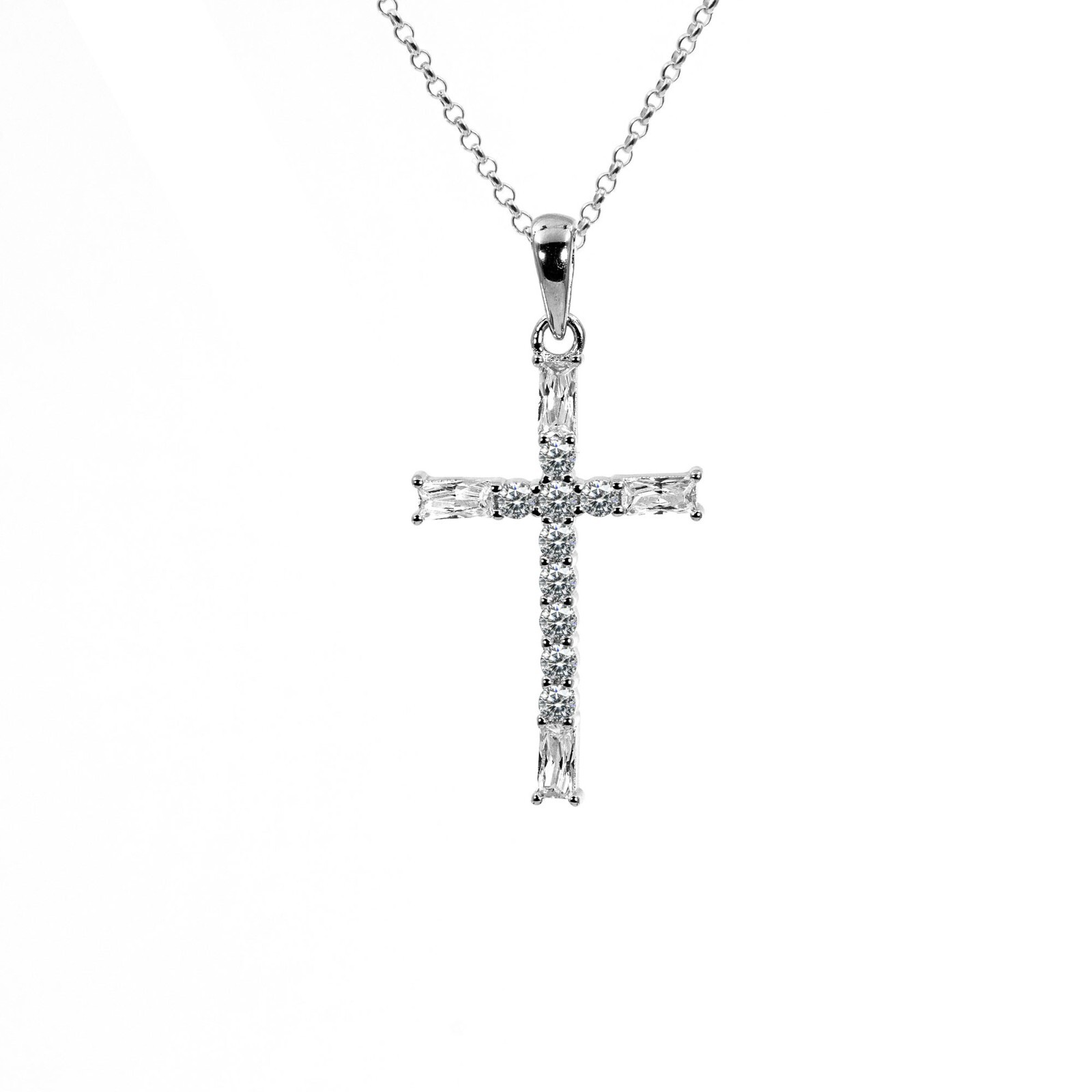 Circle Rolo Chain Necklace Pendant Cross 925 Sterling Silver Zircon Da/He
