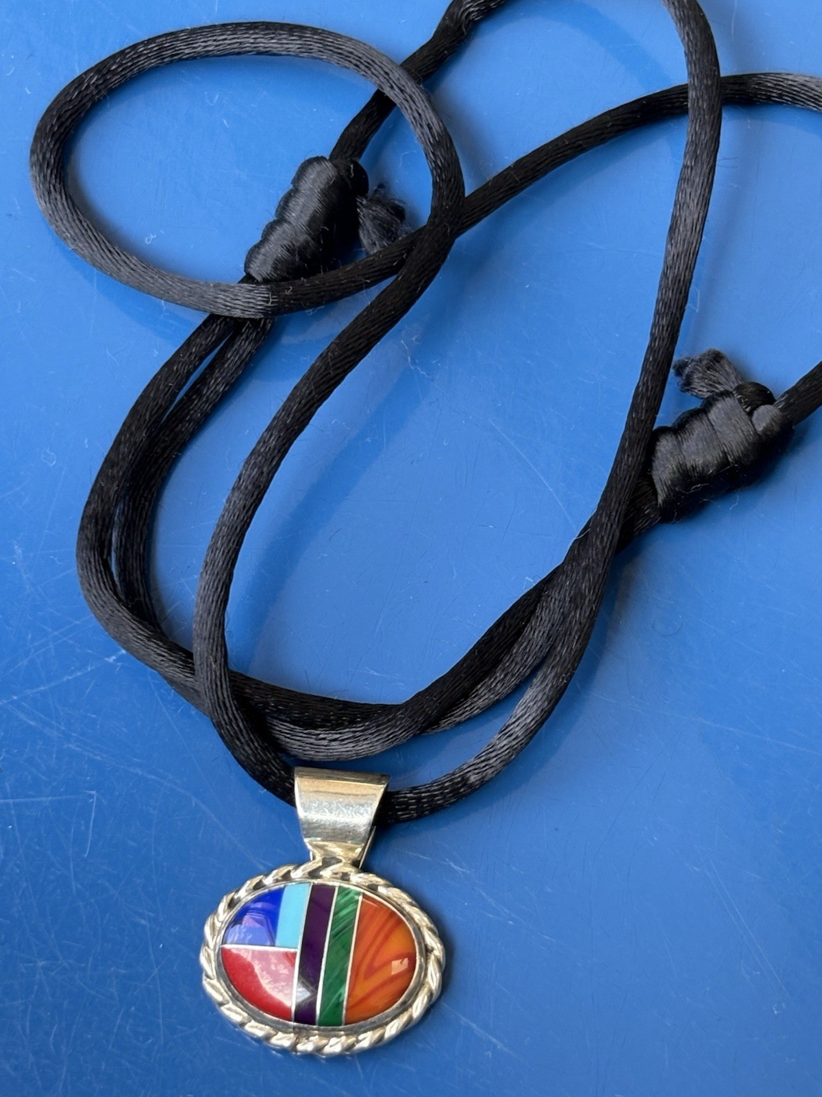 Vintage Sterling Silver AM Santa FE Pendant Necklace Southwestern Multi Stone 7g
