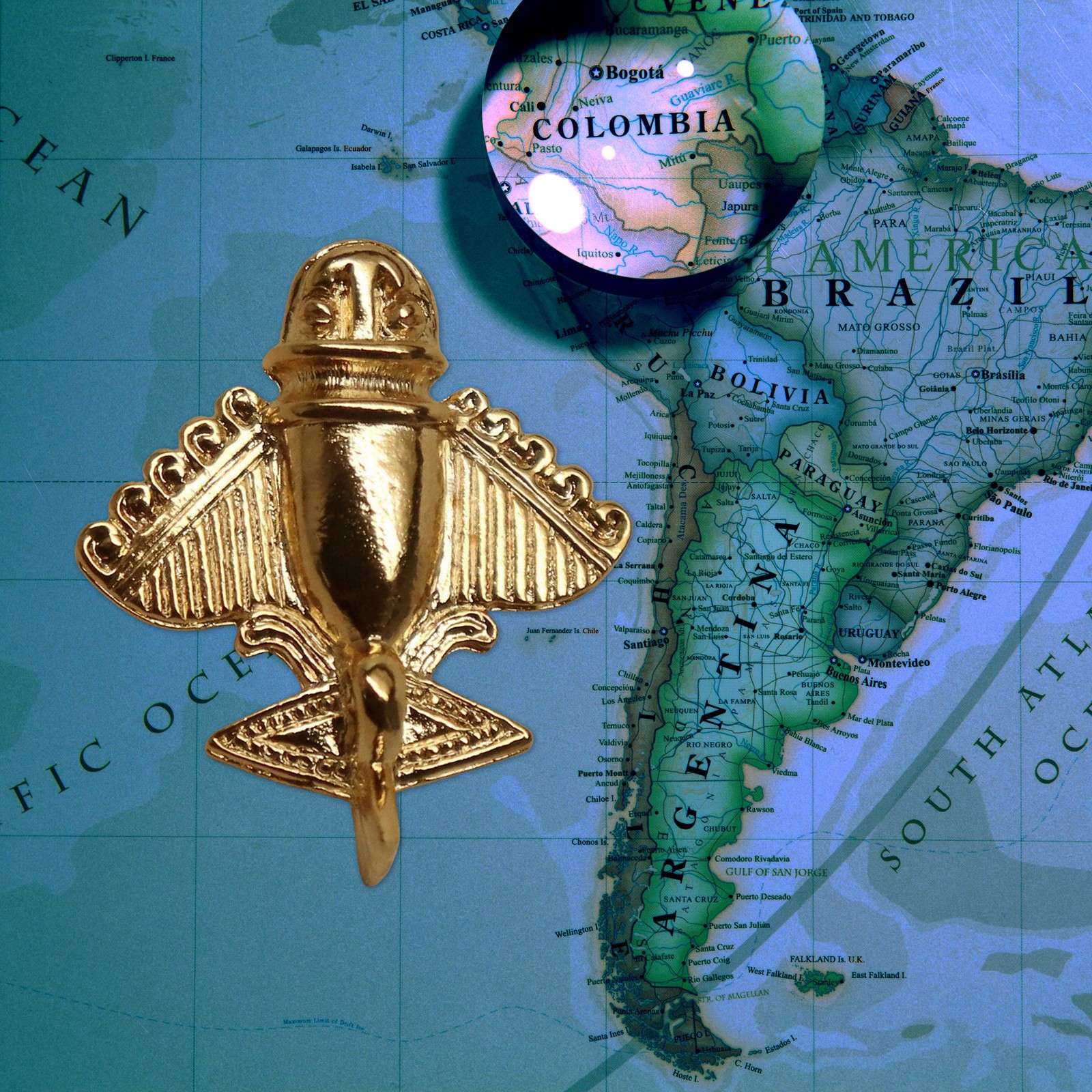 Quimbaya Flyer Pin 24K GP Pre-Colombian Alien Artifact Hat, Lapel, Jacket P-76