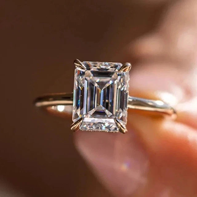3.20Ct Emerald Moissanite Hidden Halo Solitaire Ring 925 Silver 14K Vermeil Gold