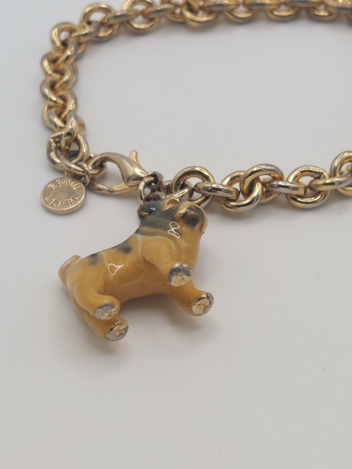 Vintage Bracelet Erwin Pearl Enamel Bulldog Pug Charm Dog Classic Luxury 90s
