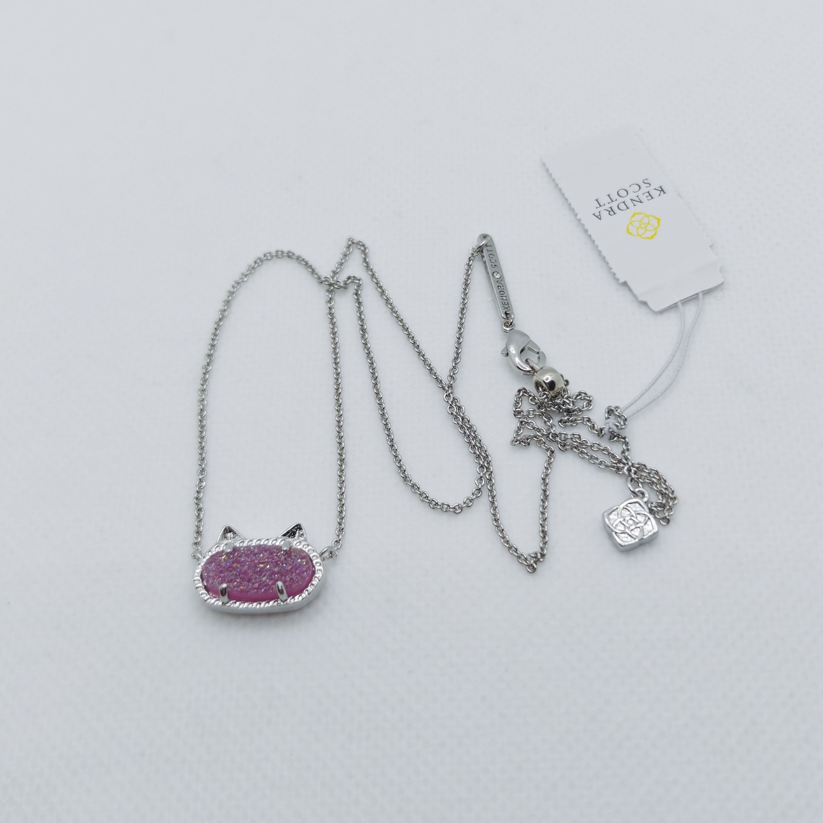 New Kendra Scott Elisa Silver Cat Kitty Pendant Necklace in Purple Drusy