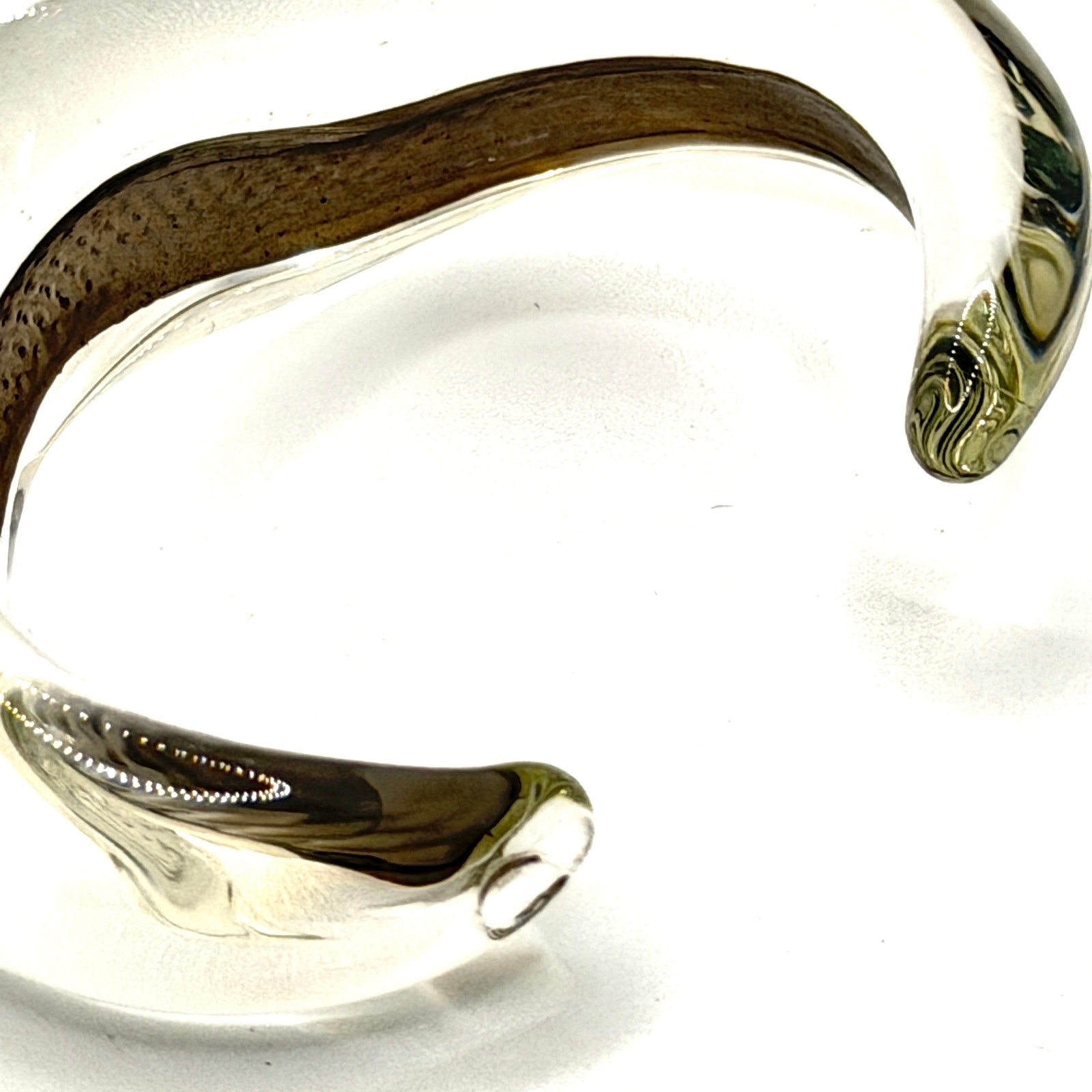 Vintage 90s Handblown Sculptural Clear Glass Black Swirl Statement Cuff Bracelet