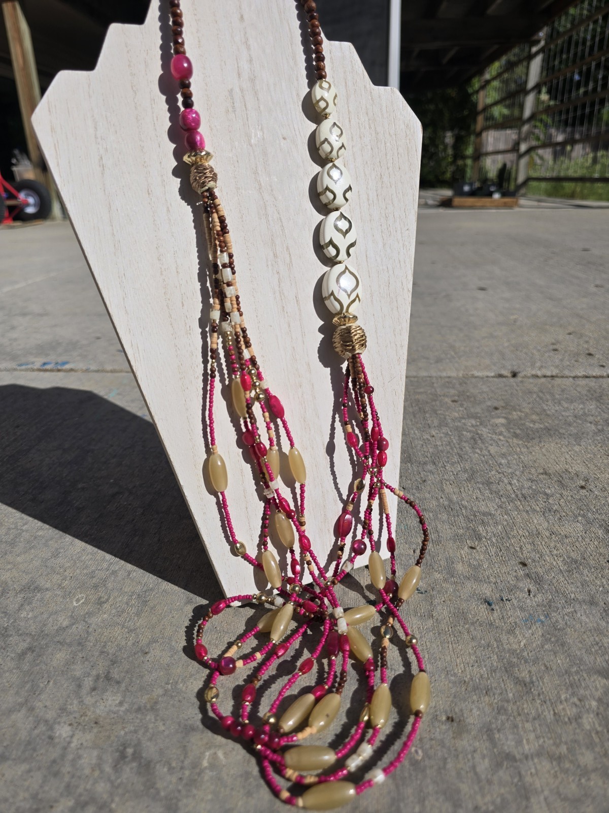 Chico’s Necklace Long Statement Natural Wood Beads Pink Brown Multistrand 36-39″
