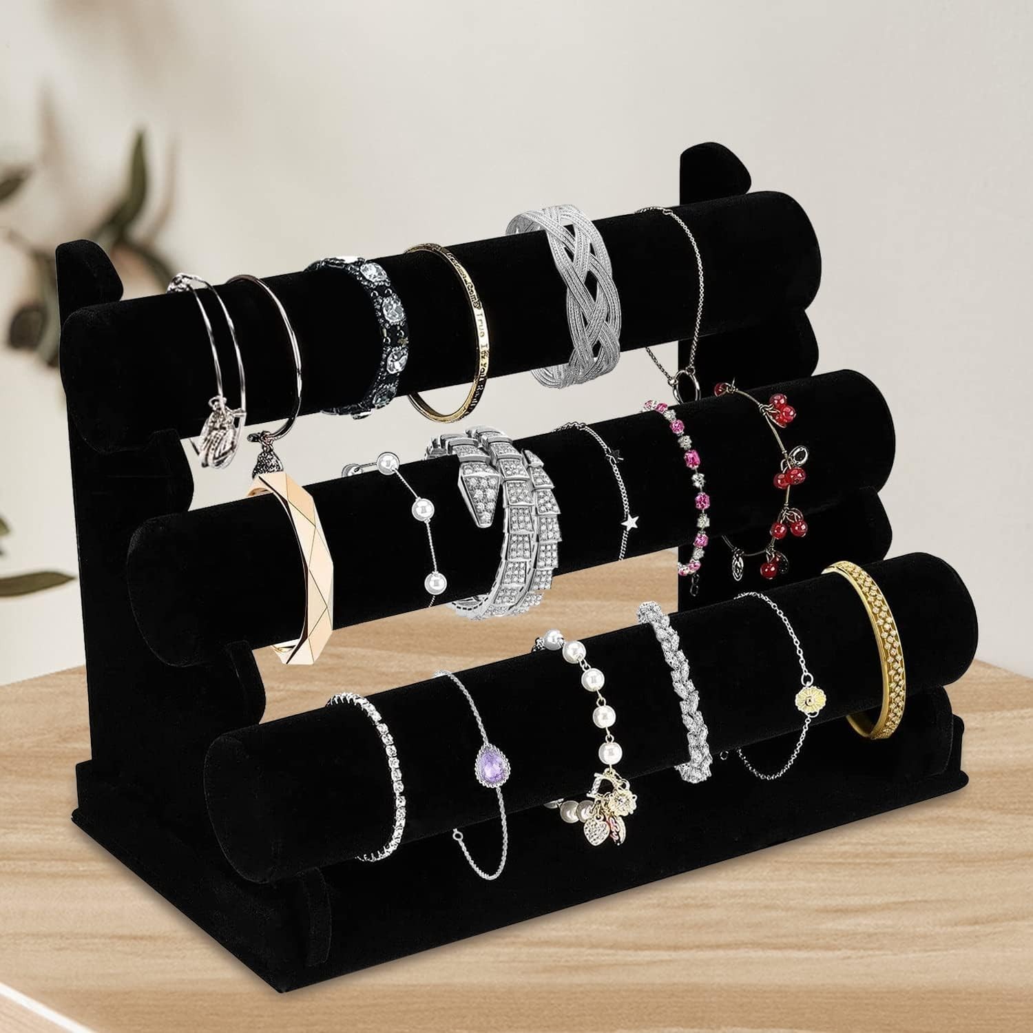 Velvet Bracelet Holder 3 Tier Jewelry Display Stand Black T Bar Organizer