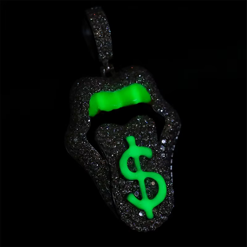 Glow in Dark Dollar Lips Pendant 925 Silver Moissanite 14k White Gold Plated