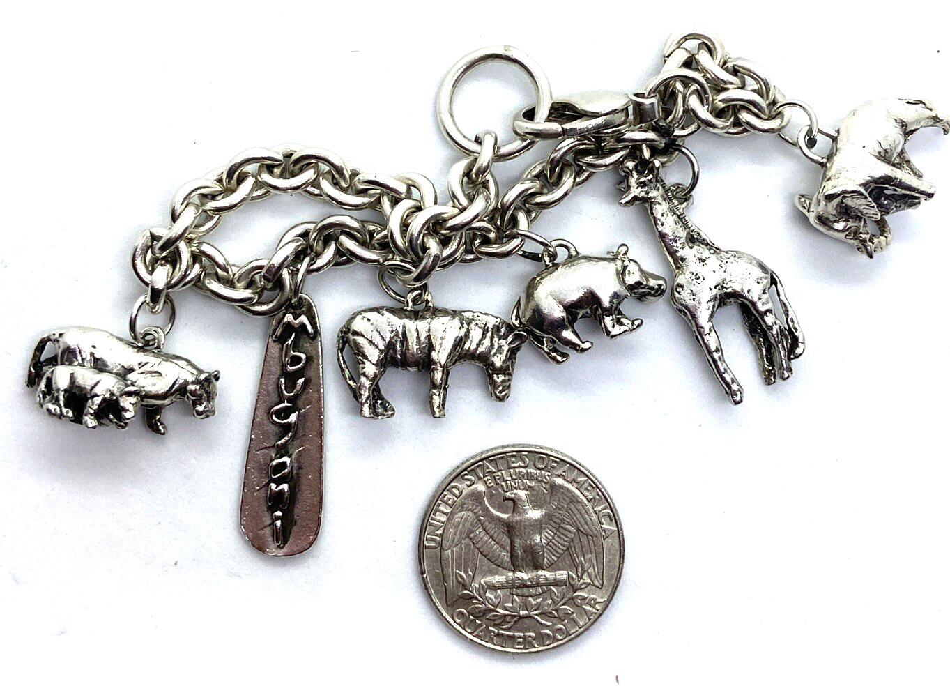 RARE SUSAN CUMMINGS STERLING SILVER (5) AFRICAN ANIMALS MBUGANI CHARM BRACELET