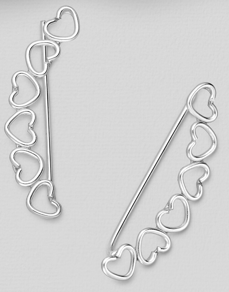 Solid Sterling Silver Sweet Hearts Ear Cuff CRAWLER Climber Hook Earrings 1″