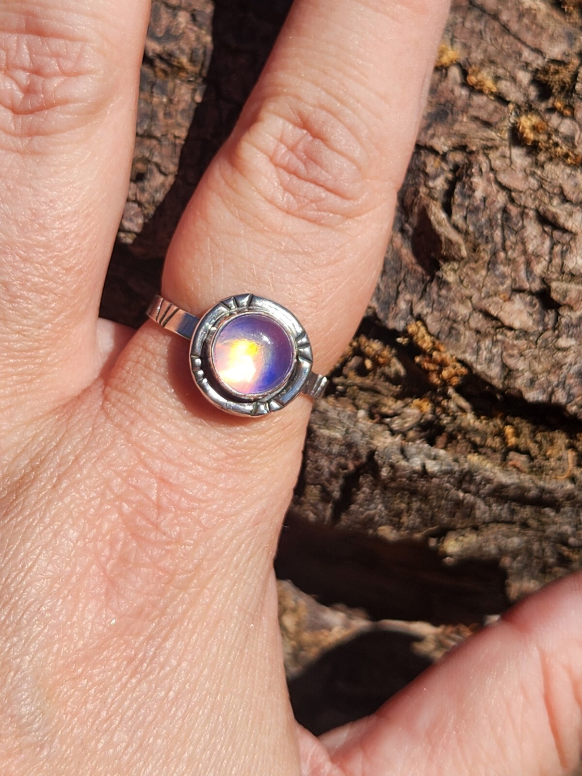 Aurora Opal Handmade Sterling Silver 925 Round Ring, Size 9 Pink Purple