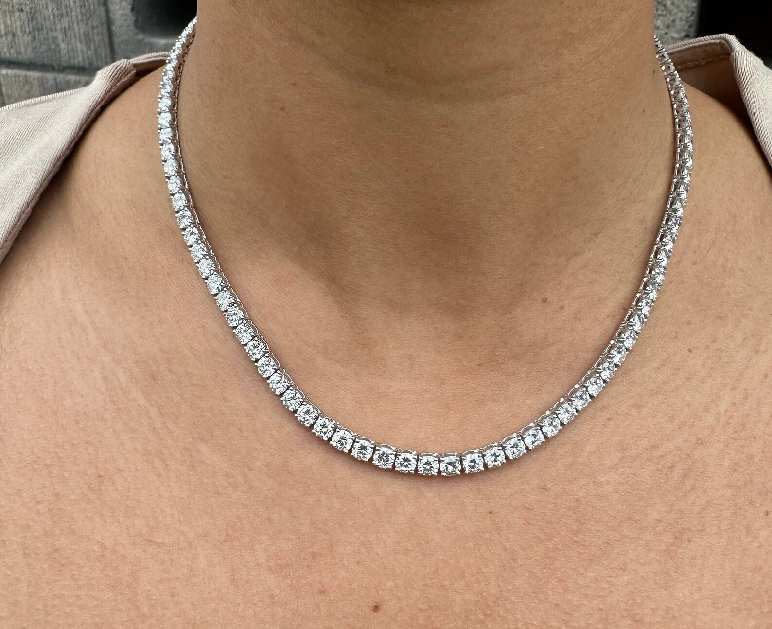 15 Carat Round Natural Diamond Tennis Necklace 14K White Gold 16 inch