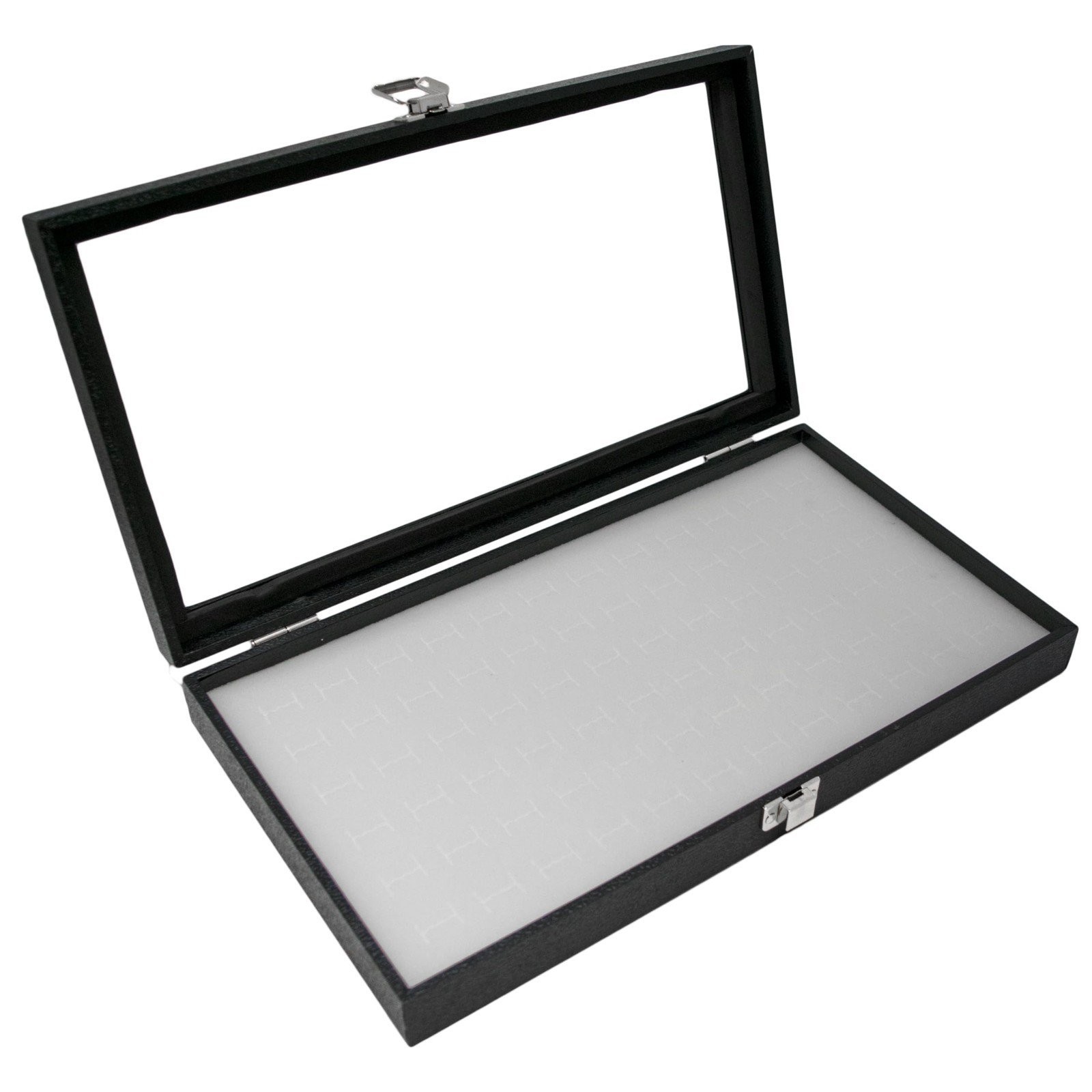 Novel Box Glass Top Black Jewelry Display Case With 36 or 72 Foam Ring Inserts
