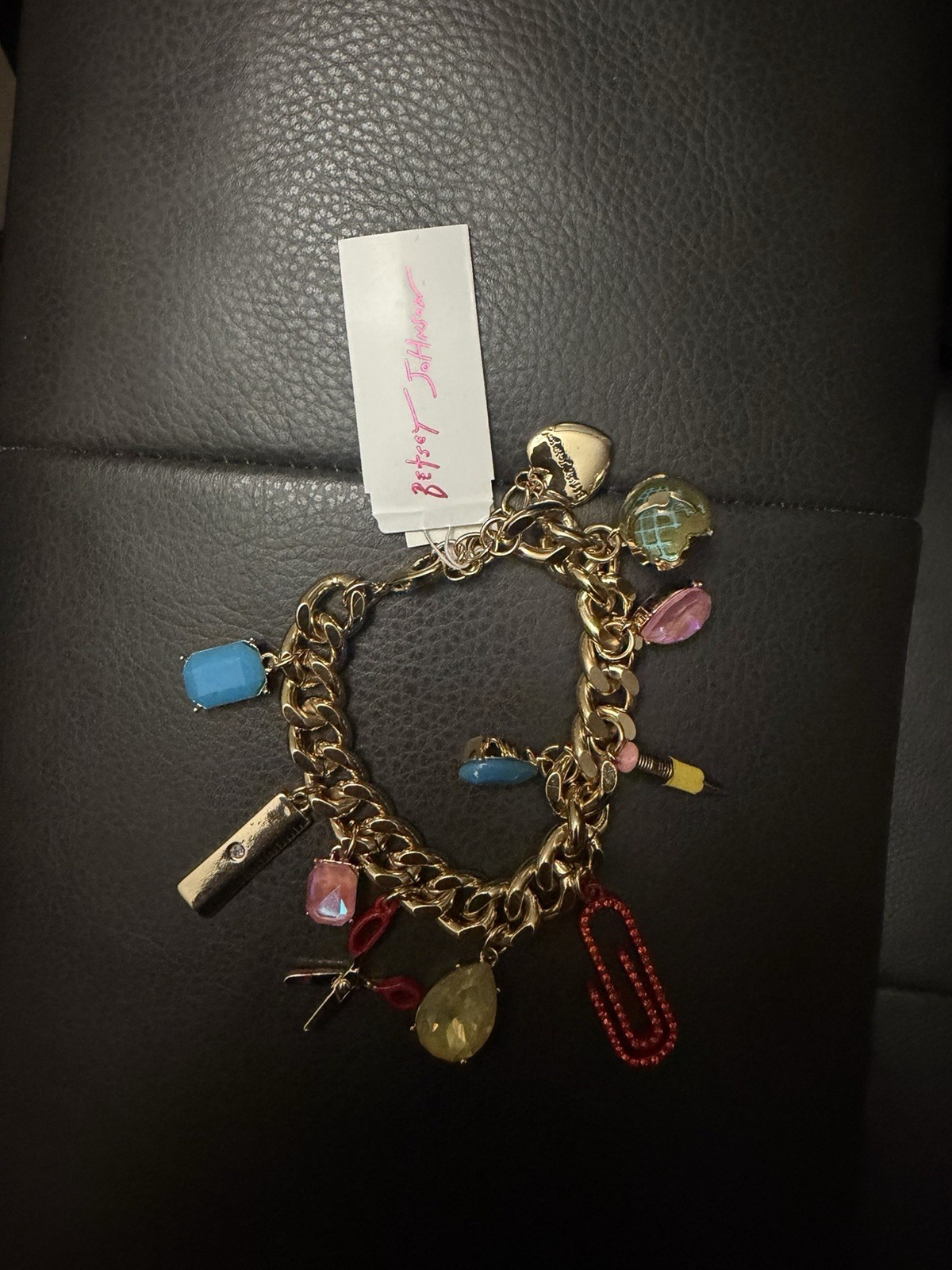 Betsey Johnson Gold Tone Curb Link Charm Bracelet Multicolor Crystal Signed
