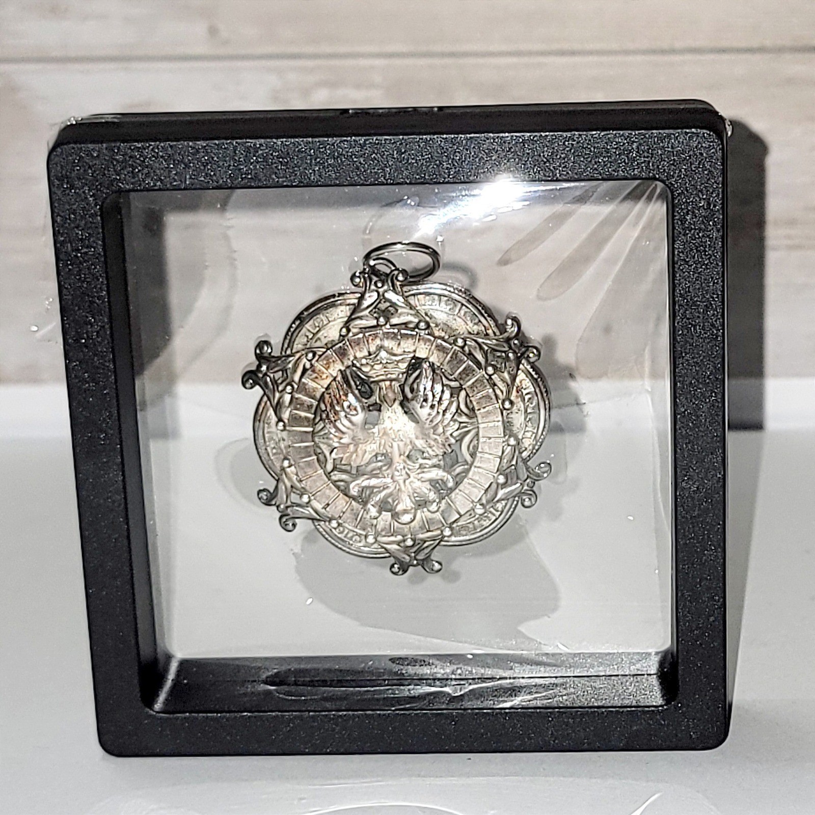 VTG Polish White Eagle Crowned Medallion Silver Tone Filigree Pendant