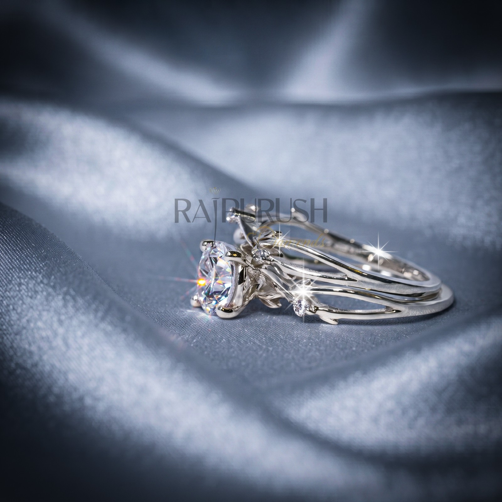 Round Moissanite Engagement Ring Set Nature-Inspired Vine Band Sterling Silver