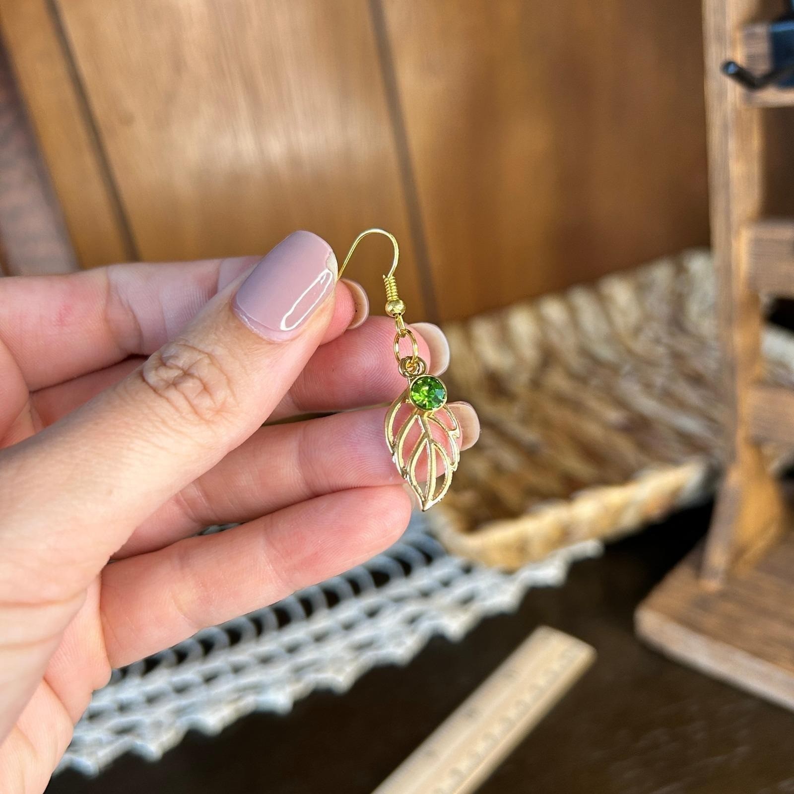 Gold Leaf Dangle Earrings with Green Rhinestone Accent Cute Fashion