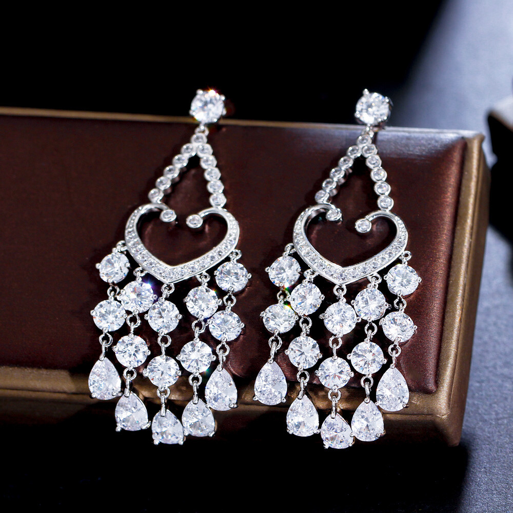 Dazzling Cubic Zirconia CZ Silver Plated Long Dangly Tassel Drop Wedding Earring