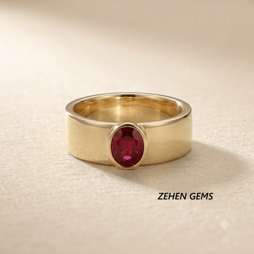 Men’s Lab Created Ruby Ring Sterling Silver Yellow Gold Plated Oval Ruby Sign