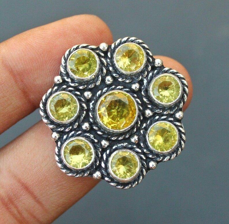Citrine Cluster Ring | Vintage Style Citrine Ring | Yellow Gemstone silver ring