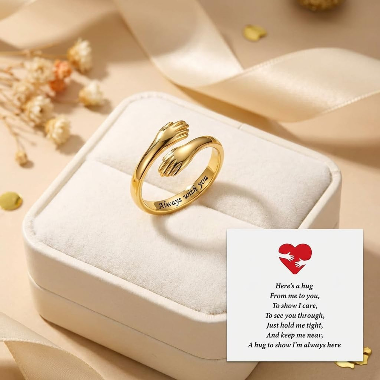 Women’s Adjustable Gold Plated Hug Ring Engraved Open Band Jewelry Sentimental