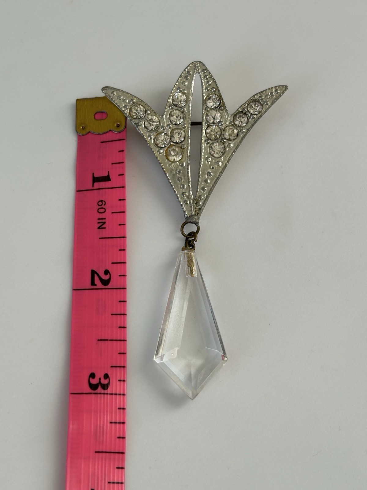 Vintage Art Deco Pot Metal Rhinestone Brooch with Faceted Glass Crystal Drop 3”